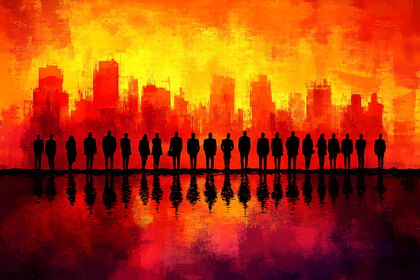 Silhouetted Businesspeople Before Fiery Cityscape