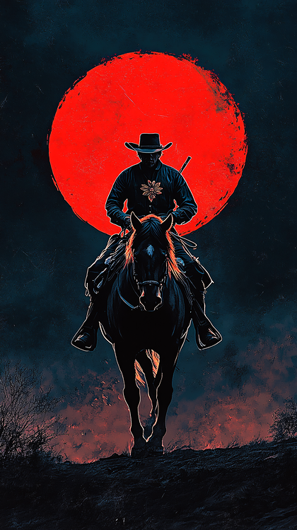 Silhouetted Cowboy on Horseback Under Blood Red Moon