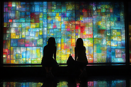 Silhouetted Figures Admiring Colorful Abstract Art