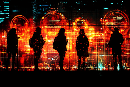 Silhouetted Figures Against Futuristic Cityscape