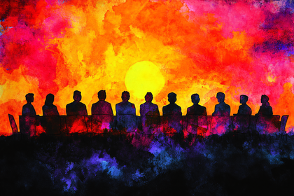 Silhouetted Figures At Sunset Meeting