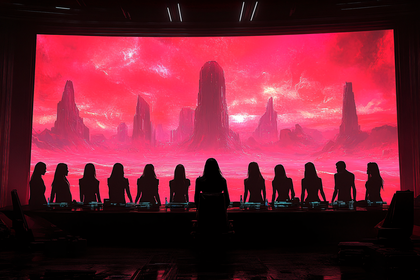 Silhouetted Figures Before a Red Landscape