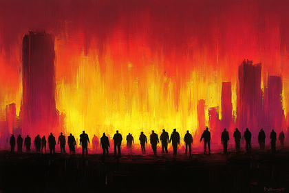Silhouetted Figures Before Burning City