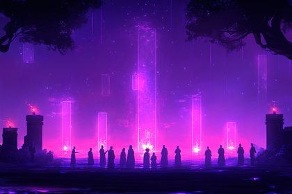 Silhouetted Figures Before Glowing Portals