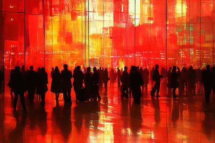 Silhouetted Figures In A Red And Orange Cityscape
