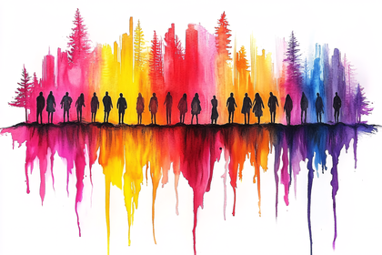 Silhouetted Figures In Colorful Landscape