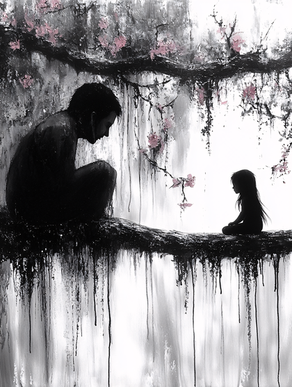 Silhouetted Figures Under Cherry Blossoms