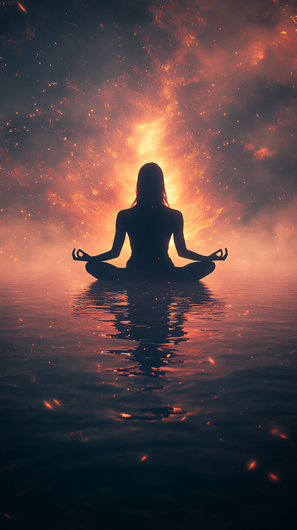 Silhouetted Meditating Figure Amidst Fiery Spectacle