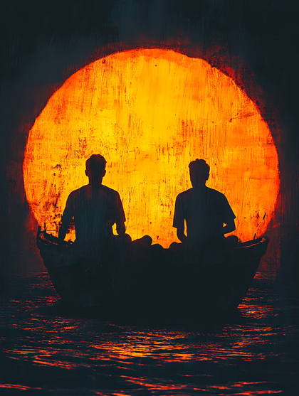 Silhouettes in Boat at Sunset