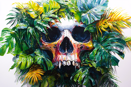 Skull and Tropical Foliage Watercolor