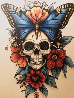 Skull With Flowers And Butterflies