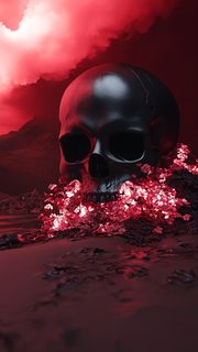 Skull With Red Flowers Under Red Sky