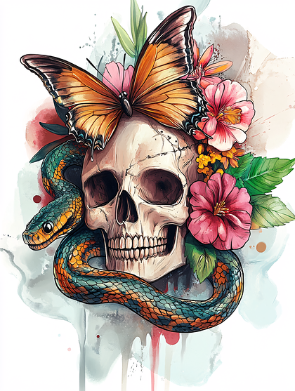 Skull With Snake And Butterfly