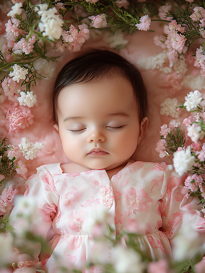 Sleeping Baby Girl In Floral Cradle