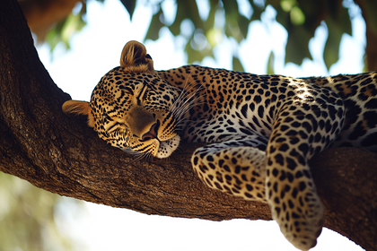 Sleeping Leopard On Tree Branch