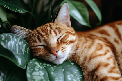 Sleeping Orange Cat On Green Leaves
