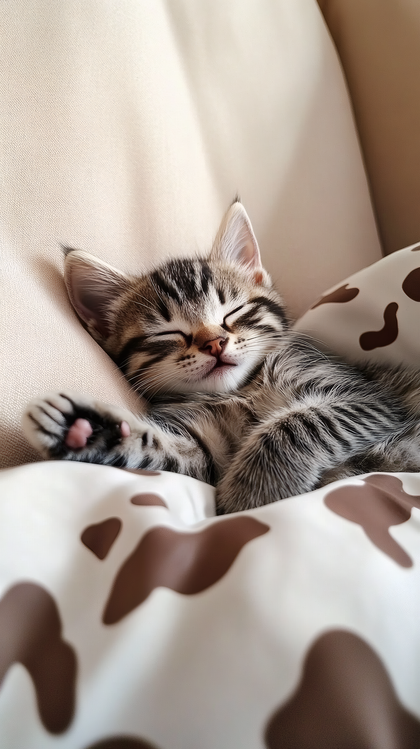 Sleeping Tabby Kitten on Cow Print Blanket