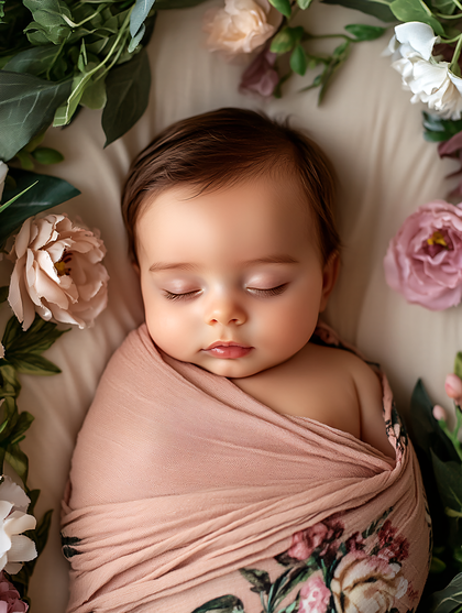 Sleepy Baby Girl In Floral Wrap