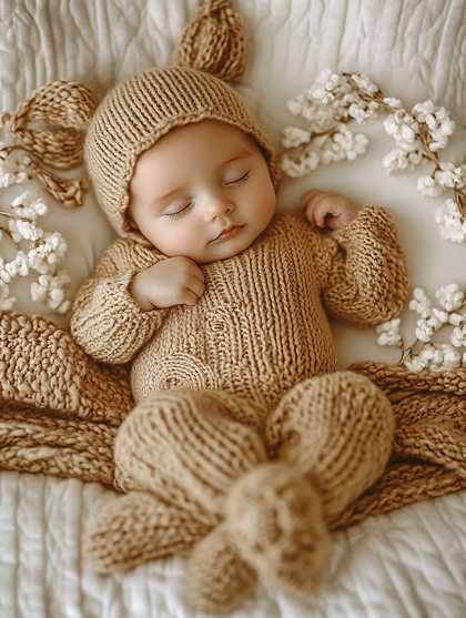 Sleepy Baby In Knitted Outfit