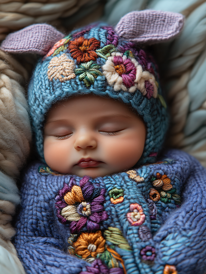 Sleepy Baby In Knitted Outfit
