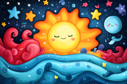 Sleepy Sun and Moon in Starry Sky