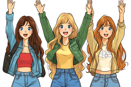 Smiling Anime Girls Raising Hands