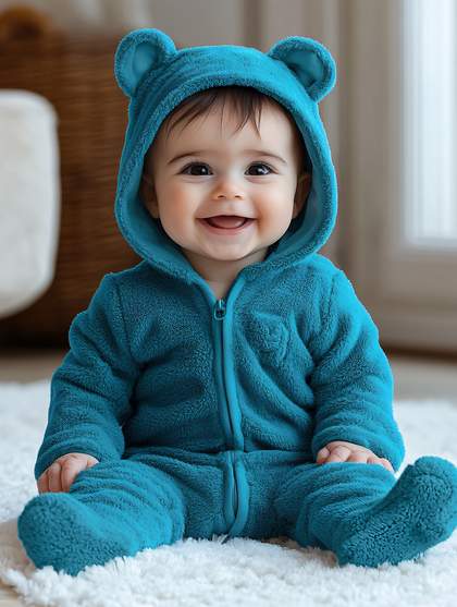 Smiling Baby In Blue Bear Suit