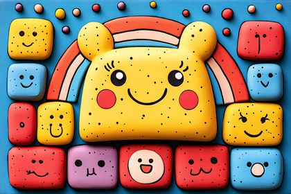 Smiling Bear with Rainbow and Colorful Faces