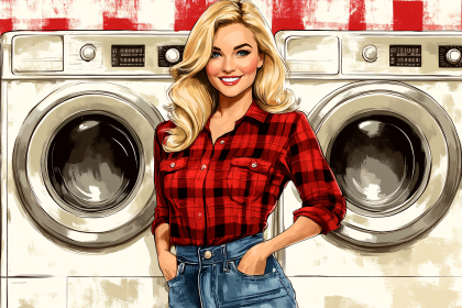 Smiling Blonde Woman in Laundry Room