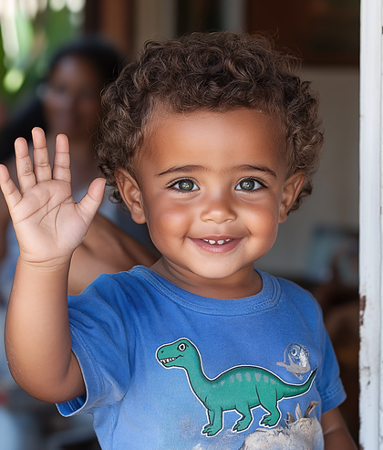 Smiling Boy Waving with Dinosaur Shirt