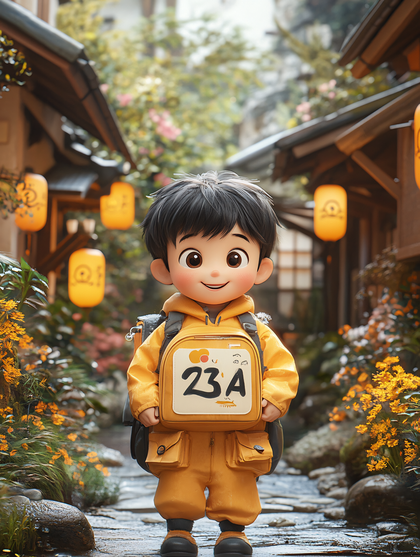 Smiling Boy With Backpack In Japanese Street