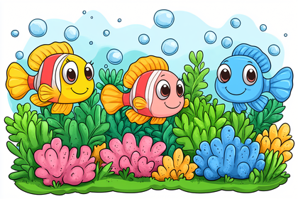 Smiling Cartoon Fishes Underwater