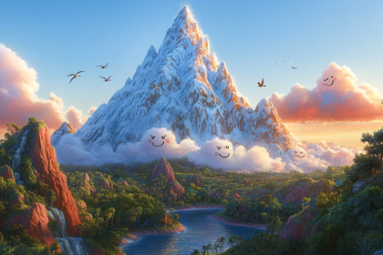 Smiling Clouds Over Majestic Mountain Landscape