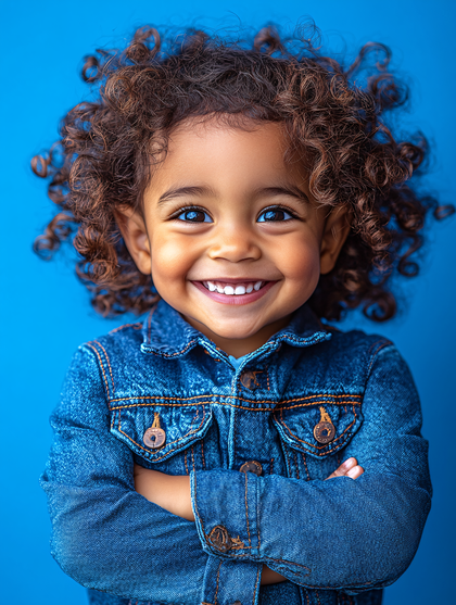 Smiling Curly Haired Child In Denim Jacket