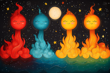 Smiling Elemental Figures in Starry Night