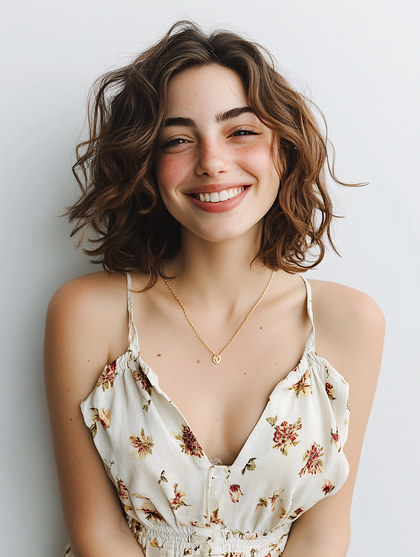 Smiling Freckled Woman In Floral Sundress