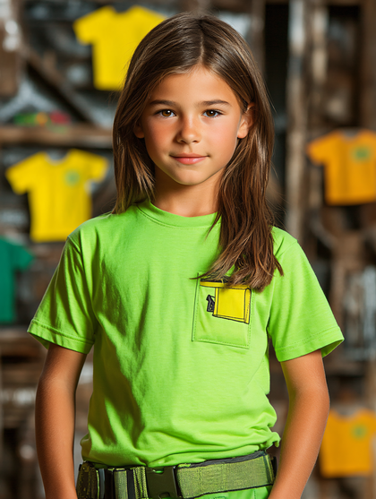 Smiling Girl in Green T-Shirt with Yellow Pocket