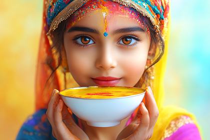 Smiling Girl with Festive Colors and Golden Milk