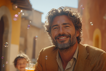 Smiling Man and Child with Bubbles