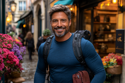 Smiling Man with Backpack in European Street