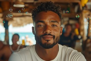 Smiling Man with Bubbles at Beach Bar