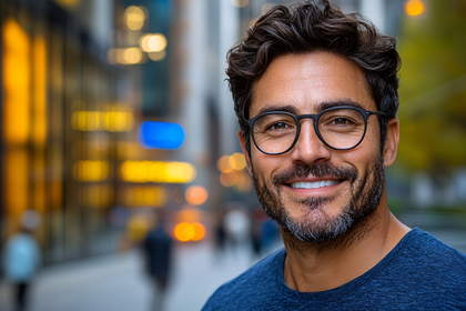 Smiling Man with Glasses in City