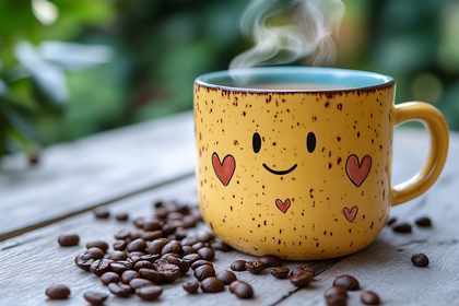 Smiling Mug Of Coffee With Coffee Beans