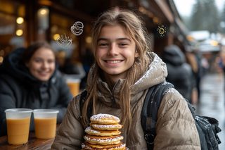 Smiling Person With Pancakes In Winter
