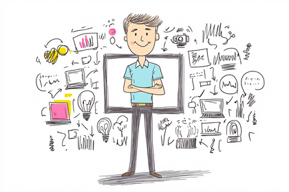 Smiling Presenter with Brainstorming Ideas