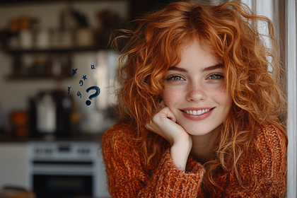 Smiling Redhead with Question Marks