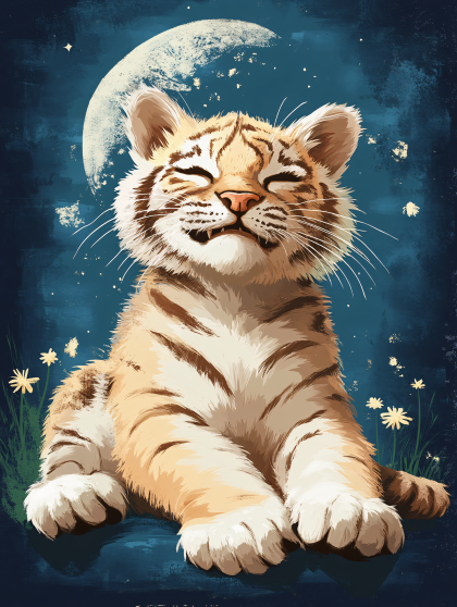 Smiling Tiger Cub Under Moonlight