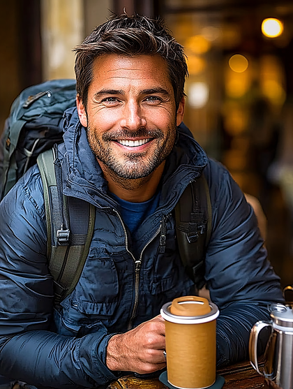 Smiling Traveler Enjoying Coffee Break