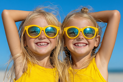 Smiling Twin Girls On Beach