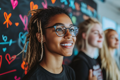 Smiling Woman In Glasses With Neon Hearts